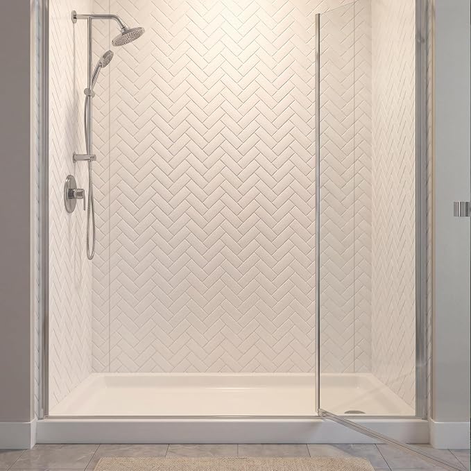 From Plain To Beautiful In Hours 133-HERR-KIT Herringbone Tile Tub and Shower Wall Panels Surround, Gloss White, 96 Square Feet