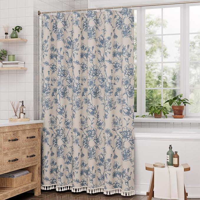 AmazerBath Light Blue Floral Shower Curtain, Modern Farmhouse Shower Curtain Set with Tassels, Rustic Faux Linen Shower Curtain Washable with Hooks for Cottagecore Style, 72x72 Inches