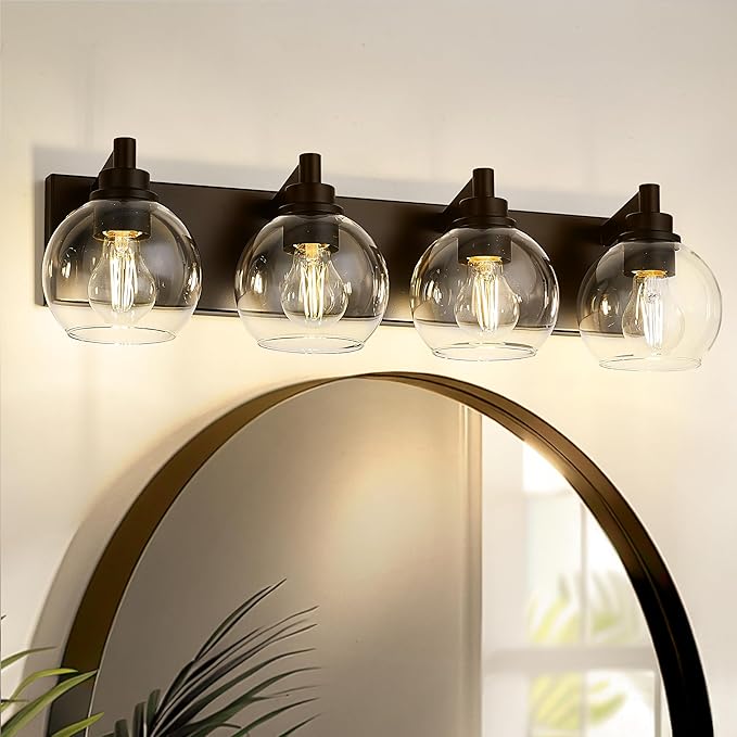 4-Light Oil Rubbed Bronze Bathroom Vanity Light, Clear Glass Globes | Ideal for 30-40" mirrors, 26" modern bathroom light fixtures over mirror, E26 base, bulbs not included, VL195-ORB-4
