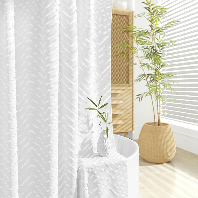 Stall Boho Farmhouse Shower Curtain Tufted Chevron 48"x72" White | 48 Inch Wide, Elegant Tassel, Lightweight Textured Fabric, Water Repellent, Washable, for Narrow Bathroom/Dorm 8 Hooks