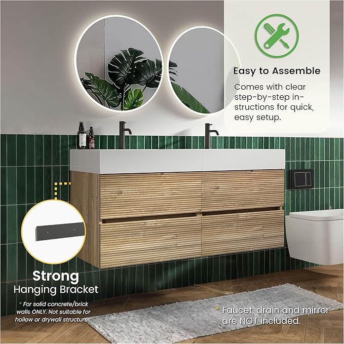 48" Floating Bathroom Vanity with Sink Combo, Modern Floating Double Sink Bathroom Vanity with Solid Surface Tops & 4 Soft-Closing Drawers, Large Storage for Powder Room, Apartment, Rough Oak