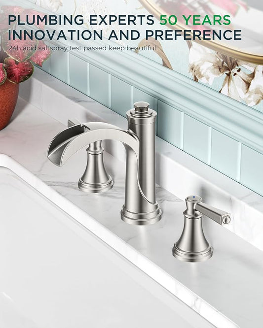 FORIOUS Brushed Nickel Bathroom Faucet Waterfall 3 Hole, 8 in Spread Faucet | Widespread Polished Nickel Faucet Bathroom 3 Hole for 4"-12" Sinks, Silver Bathroom Sink Faucet 3 Hole Vanity and Metal Drain