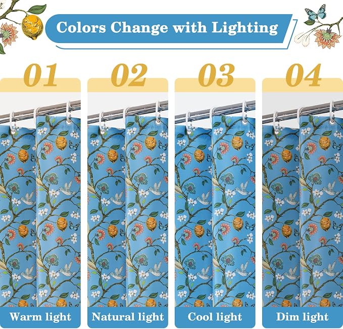 Blue Floral Bird Shower Curtain 72x72, Hummingbird and Lemon Botanical Fabric Bath Curtains, Lightweight Quick-Dry Bathroom Decor Set with Hooks
