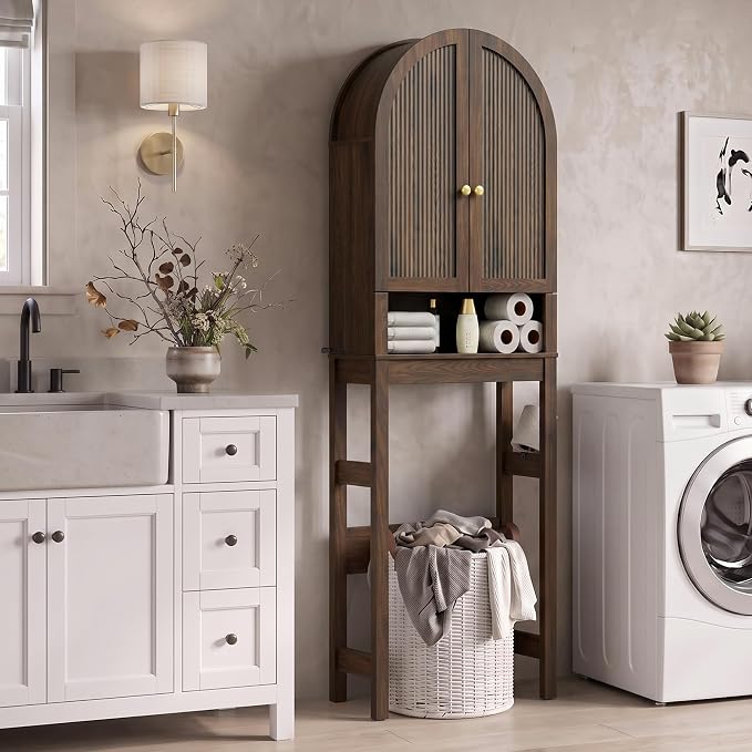 HMstone Over The Toilet Storage Cabinet, Arched Bathroom Organizer and Storage with Doors and Adjustable Shelf, Space-Saving Freestanding Bathroom Modern Storage Cabinet Over Toilet (Walnut)