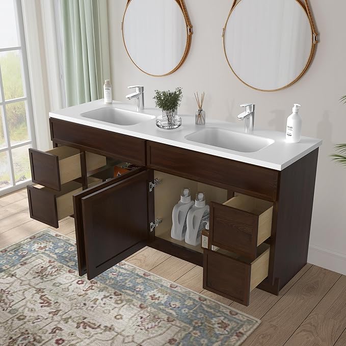 HomeBeyond 72 Inches Bathroom Vanity Base Cabinet Without Sink, Double Sink Top with Door & Soft Closing Drawers, Sturdy Floor Mounted Cabinet 2-Door 4-Drawer, Brown