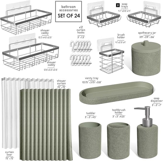 Clara Clark Sage Green Bathroom Set - Bathroom Accessories Set, 24PC Bathroom Accessory Set, Bathroom Sets with Shower Curtain Set, Adhesive Corner Shower Caddy Hanging & Soap Dispenser