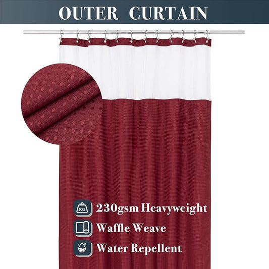 N&Y HOME Waffle Weave Shower Curtain with Snap Liner 71x72 Wine Red | 12 Metal Hooks Included, Snap on Fabric Liner, Mesh Window, Washable, Hotel Style Shower Curtain Set for Bathroom