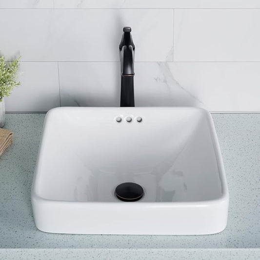 KRAUS Elavo Square Semi-Recessed Vessel White Porcelain Ceramic Bathroom Sink with Overflow, 16 1/2 inch KCR-281