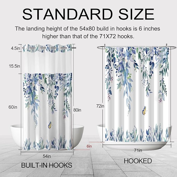 No Hook Shower Curtain and Liner Set, Blue Eucalyptus 54x80 | Floral Design, with Snap in Liner, Waterproof, Machine Washable, Quick-Drying, for Hotel Bathroom