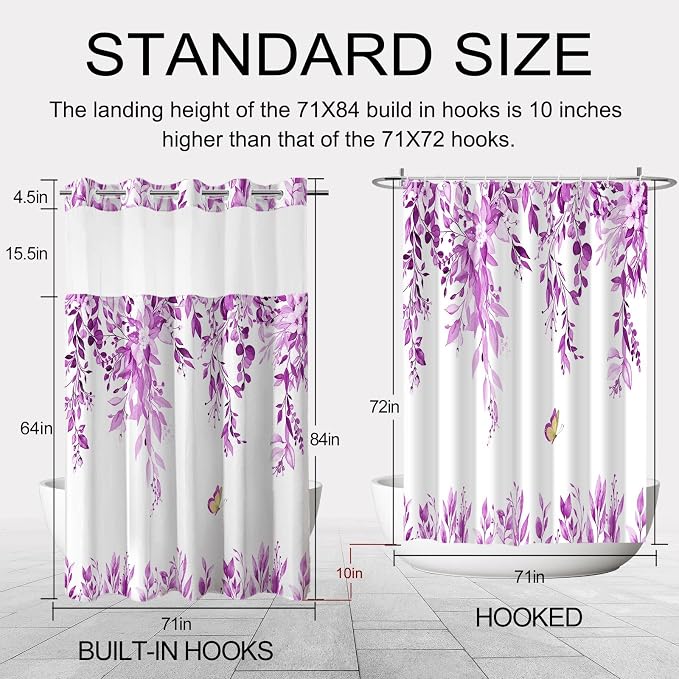 No Hook Shower Curtain and Liner Set, Purple Eucalyptus 71x84 | Floral Design, with Snap in Liner, See-Through Top Window, Waterproof, Machine Washable, Quick-Drying, for Hotel Bathroom