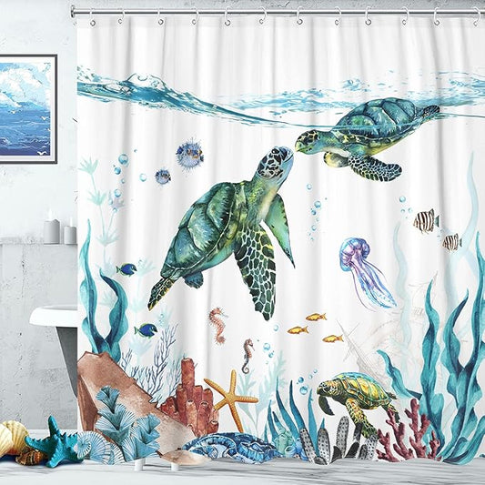 Fowocu Sea Turtle Extra Long Shower Curtain Teal Blue Ocean Waterproof Fabric Shower Curtains for Bathroom with Funny Animal Octopus Starfish Anchor Fish Nautical Bath Curtain Decor (Teal, 72''×78'')