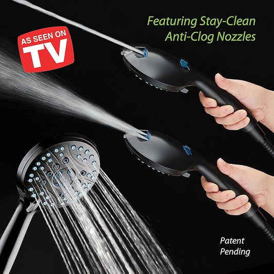 AquaCare High Pressure 8-mode Handheld Shower Head - Anti-clog Nozzles, Built-in Power Wash to Clean Tub, Tile & Pets, Extra Long 6 ft. Stainless Steel Hose, Wall & Overhead Brackets | Stay Clean Nozzles, Dual Power Wash for Tub, Tile & Pets, Long 6 ft...