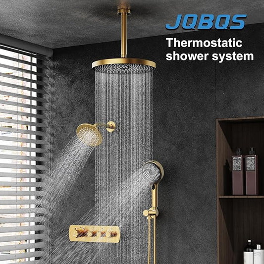 Shower System Brass Thermostatic Shower Faucet Set With Valve and Diverter Shower Mixer with 2 Rain Shower Head and Multi-function Handheld Head(Brushed Gold)