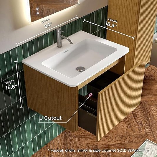24" Bathroom Vanity with Sink, Modern Floating Vanity with Push Open Soft Close Drawer, Large Storage for Small Space, Hotel, Natural Oak, Fully Assembled - Camellia Collection