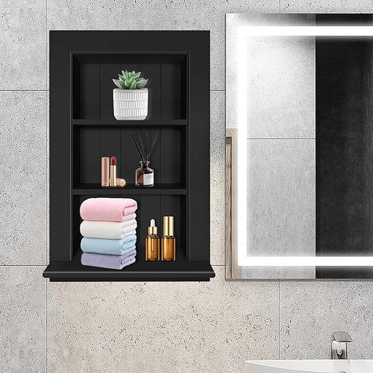 Royxen Recessed Medicine Cabinet 13.8 x 23.8 Inch, Medicine Cabinets, Large Medicine Cabinet, 3-Tier Bathroom Cabinets Wall Mount for Home Storage, Black