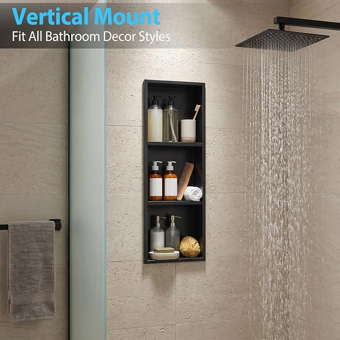304 Stainless Steel Shower Niche 12” x 36” for Bathroom Storage | Matte Black Recessed Shower Niche No Tile Needed with 3-Tier Shelves