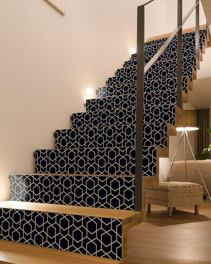 FLFK Rhombic Black and Gold Texture Stair Stickers - Set of 15, Peel and Stick Stair Riser Decals, 39.3"x7.08"