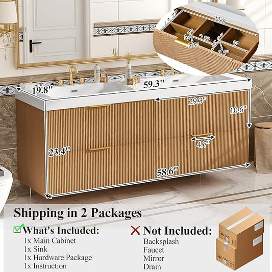 60" Bathroom Vanity with Sink Combo, Floating Double Sink Bathroom Vanity with SMC Resin Top, MDF Cabinet with 4 Drawer, Wall-Mounted Bath Room Vanities for Large Bathrooms (60''-Wood-4)