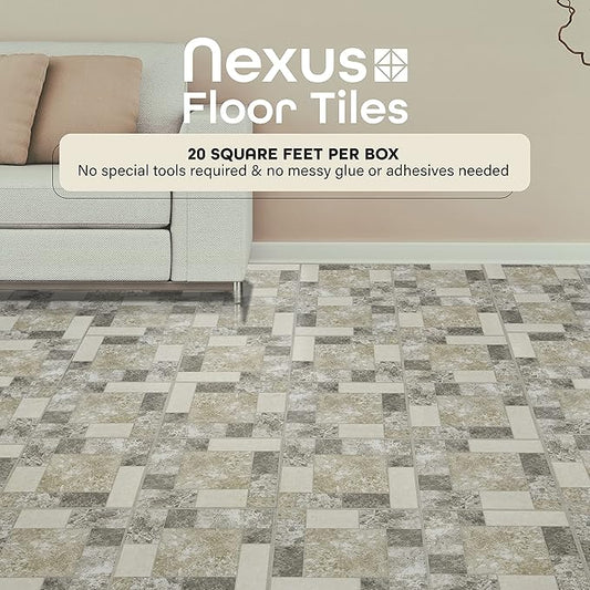 Nexus Self Adhesive 12-Inch Vinyl Floor Tiles, 20 Tiles - 12" x 12", Ancient Beige Mosaic Pattern - Peel & Stick, DIY Flooring for Kitchen, Dining Room, Bedrooms & Bathrooms by Achim Home Decor