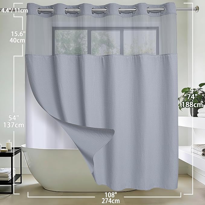 Conbo Mio Extra Wide No Hook Waffle Weave Shower Curtain with Snap in Liner Set, 108" x 74" Hotel Luxury Grey Shower Curtains for Bathroom with See Through Top Window, Waterproof, Washable 108W x 74H