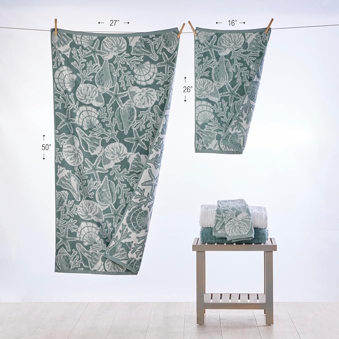 SKL Home South Seas Shell Hand Towel Set-2pc, 100% Cotton, Teal/White | 550 GSM weight. Plush, absorbent & reversible. For the bathroom, kitchen or bar. Fun for Airbnb, beach homes & coastal décor.