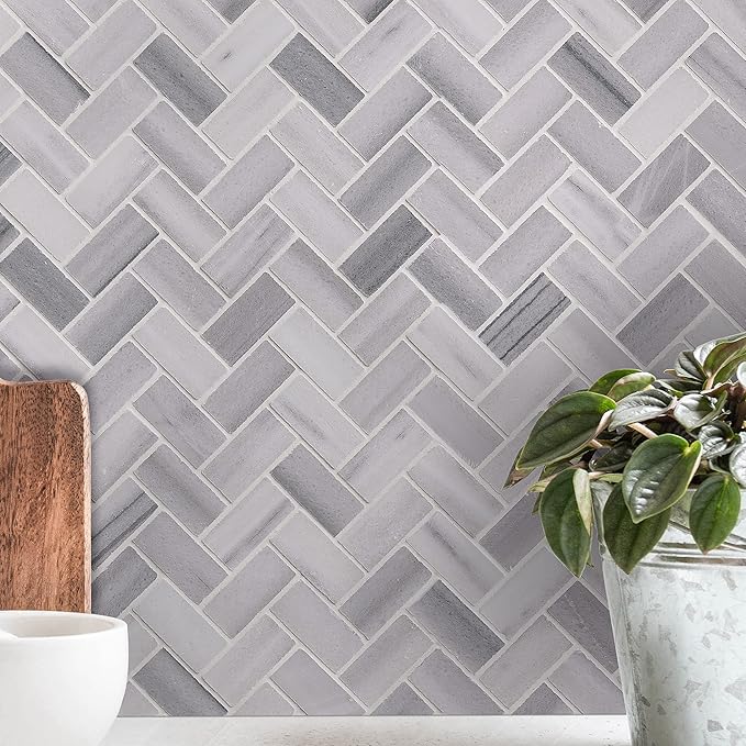 MSI Bergamo 12 in. x 12 in. Herringbone Polished Marble Mosaic Tile, Mesh-Mounted, for Kitchen Backsplash, Bathroom, Floor, Accent Wall, and Shower Wall, Gray