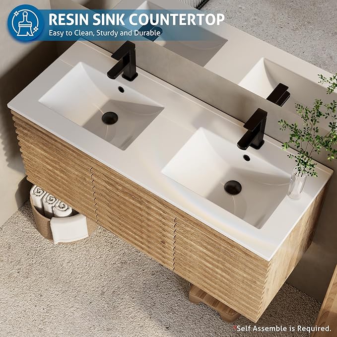 eclife 48" Floating Bathroom Vanity with Sink Combo Mid-Century Wall Mounted Cabinet with Wood Stripes Decor, Drawers, Undermount Double Sink, Faucet, Drain, Light Walnut