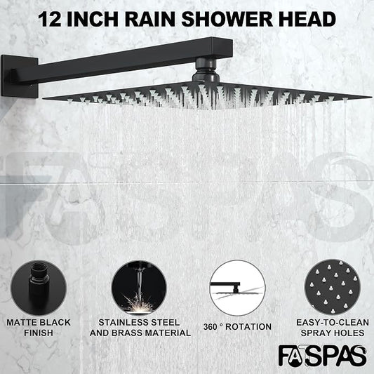 Shower System with 12-Inch Rain Head and Tub Spout | All-Metal Tub Shower Faucet Set, Wall Mounted Rain Showerhead, Handheld Spray, Includes Valve and Trim Kit, Matte Black