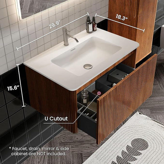 30" Bathroom Vanity with Sink, Modern Floating Vanity with Push Open Soft Close Drawer, Large Storage for Small Space, Walnut, Fully Assembled - Camellia Collection