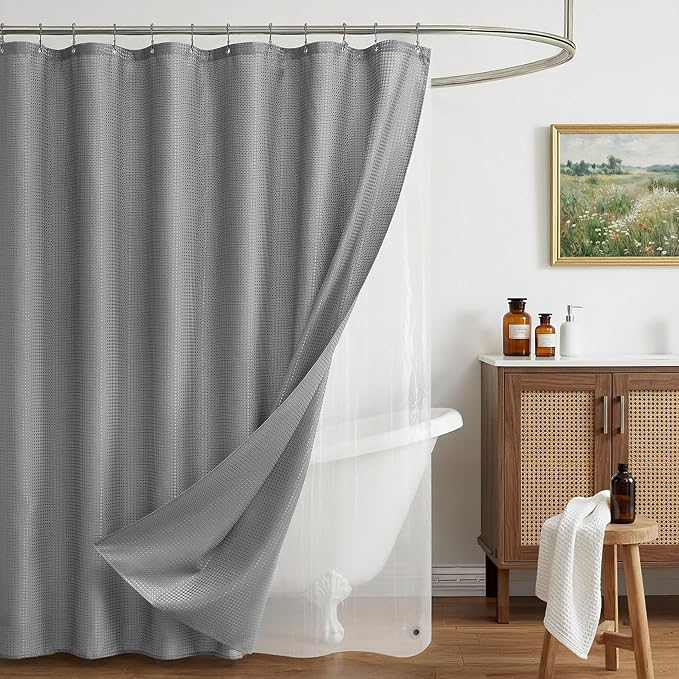 Siiluminisoy Shower Curtain and Liner Set, Waffle Shower Curtain Set with 12 Stainless Steel Hooks, Waterproof Luxury Fabric Shower Curtains for Bathroom and Hotel, Grey, 72" W x 84" H