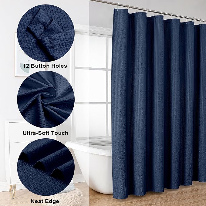 Berry Extra Long Blue Shower Curtain 96 Inch Long, 3D Embossed Texture Fabric Bathroom Shower Curtain, Large Hotel Bath Curtain with 12 Holes, Washable Cloth Shower Curtains, 72x96, Navy Blue