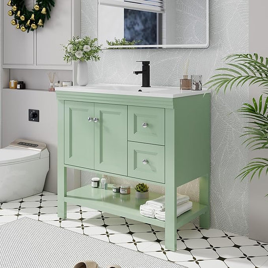 eclife 36" Bathroom Vanity with Sink Combo, Modern Painted Vanities Cabinet w/Wide Opening Storage Shelf, 2 Drawers, Soft Closing Doors and Undermount White Sink Faucet Drain, Green