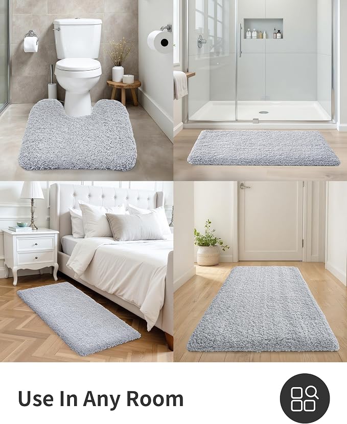 ILANGO Silver Bathroom Rugs 60" × 24" Non Slip & Super Absorbent Extra Thick Soft, Washable Bath Carpet Runner for Floor, Microfiber Plush Shaggy Bath Mats with Tub for Droom Bathtub Shower Room