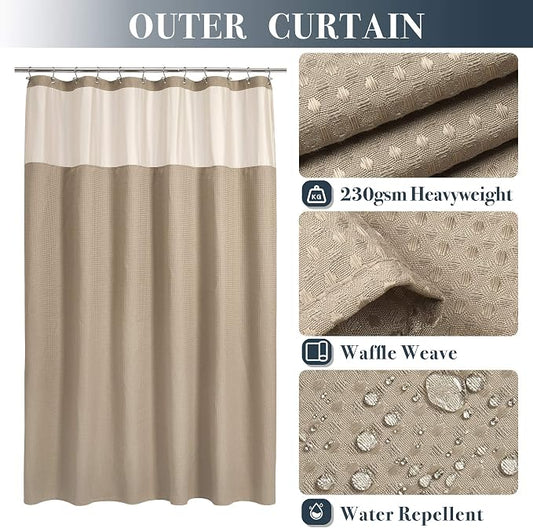 N&Y HOME Extra Long Waffle Shower Curtain with Snap Liner 71x84, Linen | 12 Hooks & Snap on Fabric Liner, Washable, Mesh Window, Hotel Style, 84 inches Length Shower Curtain Set for Bathroom