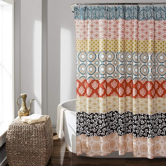Lush Decor Bohemian Stripe Shower Curtain 72" W x 72" L Turquoise & Orange - Bathroom Curtain - Striped Shower Curtain - Boho Decor - Fabric Shower Curtains