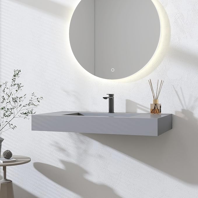 SJ STAR&JANE 35" x 19" in Solid Surface Bathroom Sink, Wall-Mount or Countertop Vessel Sink, Rectangle Floating Vanity Sink in Light Gray, Pre-installed Faucet Holes, Durable Modern Design