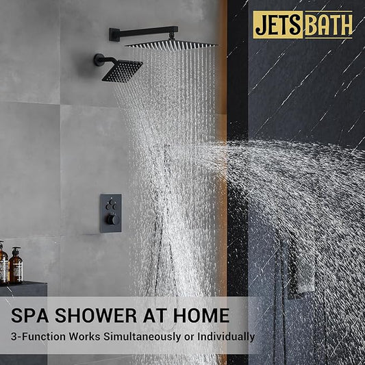 Thermostatic Dual Shower System, Rain Shower Faucet(Matte Black) | 12 Inch Rianfall Shower Head, 6 Inch Wall Mount Head, High Pressure Handheld Sprayer, Push Button Valve