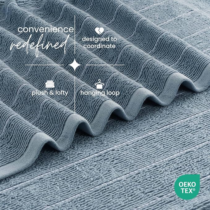 Martex Restore Slub Stripe Bath Towel – Soft, Absorbent, Moisture-Wicking and Quick to Dry – Lightweight for Everyday Use – Comfortable Feel with Convenient Loop for Hanging – 30" x 56" – Blue