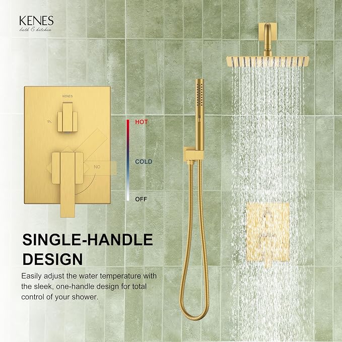 KENES Brushed Gold Square Rainfall Shower System Faucet Set with Handheld | Shower Faucet with 10-Inch Rain Shower Head, Square Shower System, Valve Included, Lead-Free cUPC & NSF Certified, Stainless