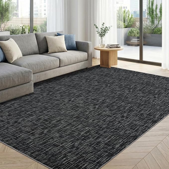 Garvee Modern 4x6 Rugs for Entryway Solid Color Washable Area Rugs, Black | Rubber Backing Neutral Textured Non Shedding Stain Resistant Low Pile Foldable Soft Rug for Bedroom Nursery Living Room