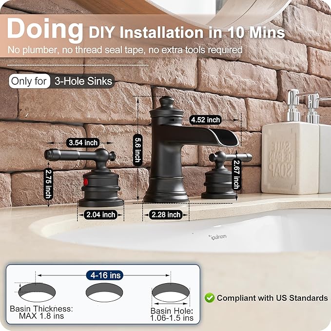 Black Waterfall Bathroom Faucet Widespread, Brass Bathroom Faucets for Sink 3 Hole, 4-16 Inch Faucet Bathroom Vanity Faucet with 2 Handles Supply Hoses & Pop-Up Drain for Modern Farmhouse