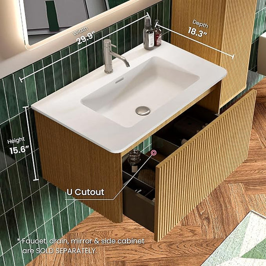 30 Inch Bathroom Vanity with Sink, Modern Floating Vanity with Push Open Drawer, Large Storage for Small Space, Apartment, Hotel, Natural Oak, Fully Assembled - Camellia Collection