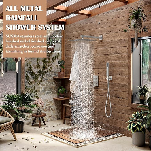 Alesco Shower System, Brushed Nickel Shower Faucet Set with 10-Inch High-Pressure Rainfall Showerheads and Handheld Spray combo, Showerfixture Include Valve and Trim Kit, Brushed Nickel