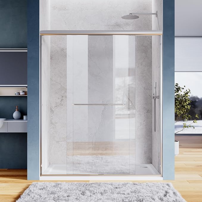 SUNNY SHOWER Double Sliding Shower Door Semi-Frameless Shower Enclosure 1/4 inch Glass Bypass Sliding Bathroom Door, Chrome Finish, 48 in. W x 72 in. H