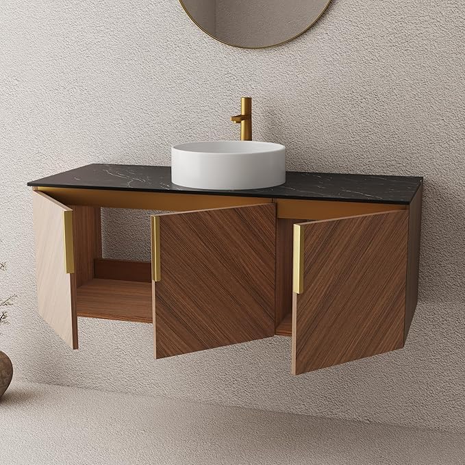 LKTART 48 Inch Bathroom Vanity with Sink, Modern Wall Mounted Bathroom Sink with 3 Doors, Black Sintered Stone Countertop and White Round Ceramic Basin