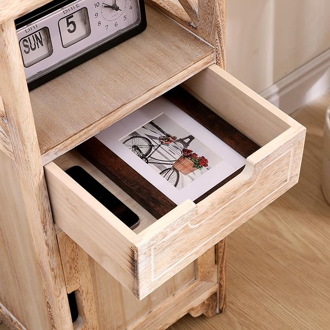 Fully Assembled 30in Height Nightstand, Pre- Assembled Bathroom Floor Cabinet with Shelf and Storage Drawer, Tall End Table No Assembly Chest for Living Room Bedroom-Distressed White