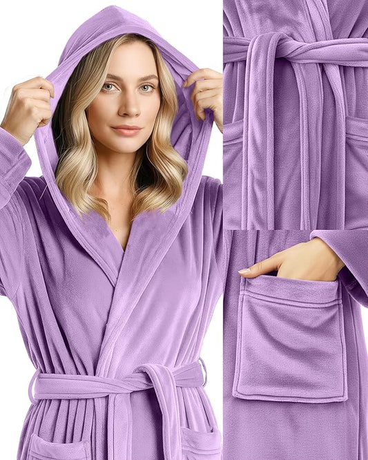NY Threads Women's Fleece Hooded Bathrobe Plush Long Spa Robe, Medium