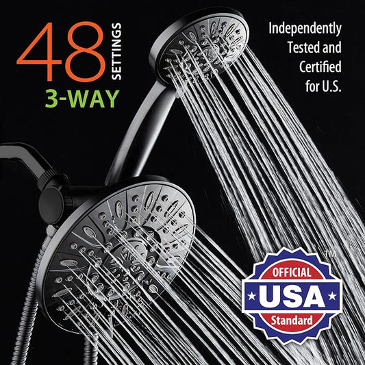AquaDance 7" Premium High Pressure 3-way Rain & Handheld Shower Head Combo | Enjoy Dual 6-Setting Luxury Shower Heads Separately or Together for the Best of Both Worlds! Stainless Steel Hose - Black