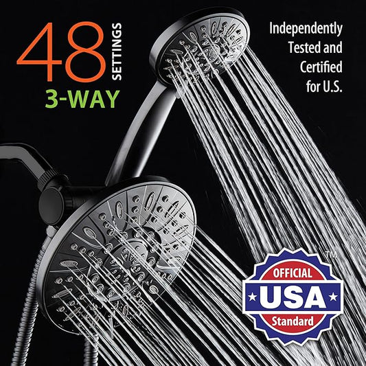AquaDance 7" Premium High Pressure 3-way Rain & Handheld Shower Head Combo | Enjoy Dual 6-Setting Luxury Shower Heads Separately or Together for the Best of Both Worlds! Stainless Steel Hose - Black