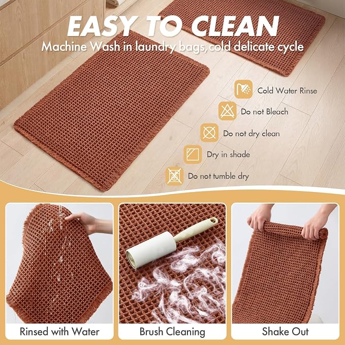 MIULEE Fall Rust Set of 2 Waffle Bathroom Rugs Boho Mat 17"x24"+18"x30" | Non Slip, Super Absorbent, Washable, Ultra Soft, Rubber Backed, Small Bath Rugs for Bathroom Floor Tub Shower